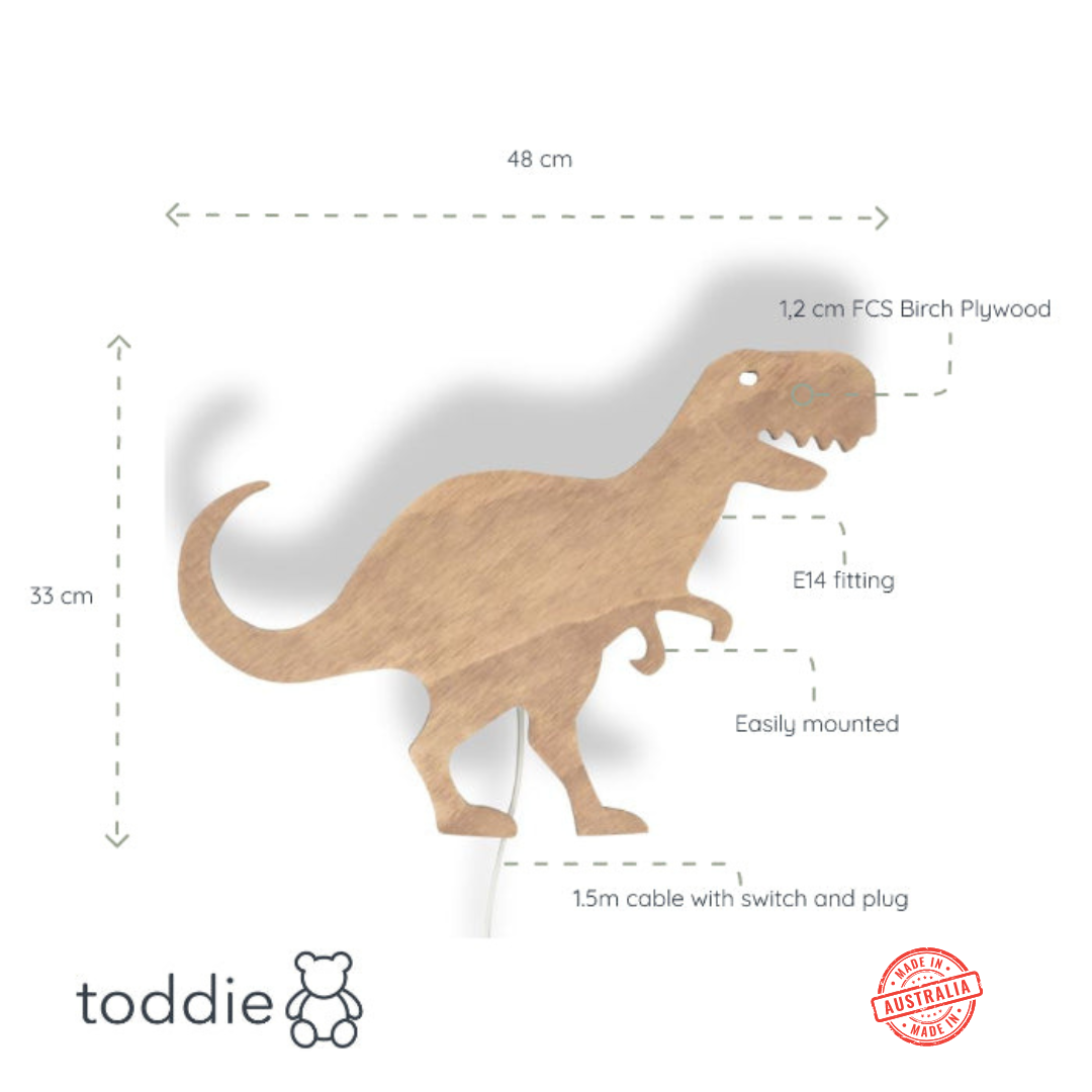 Tyrannosaurus - Wooden Children's Wall Lamp - Natural Timber