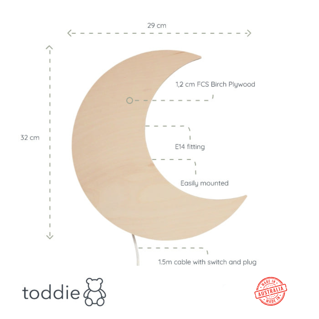 Moon - Wooden Children's Wall Lamp - Natural Timber
