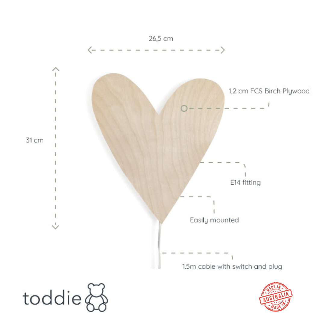 Love Heart - Wooden Children's Wall Lamp - Natural Timber