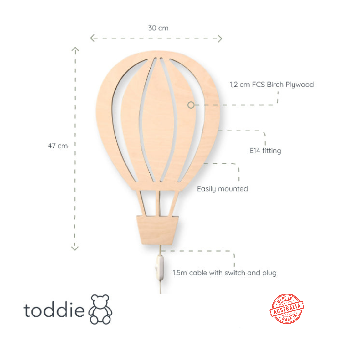 Hot air balloon - Wooden Children’s Wall Lamp - Natural Timber