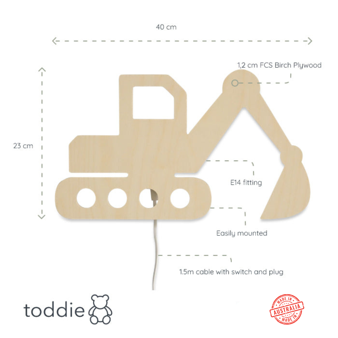 Excavator - Wooden Children's Wall Lamp - Natural Timber