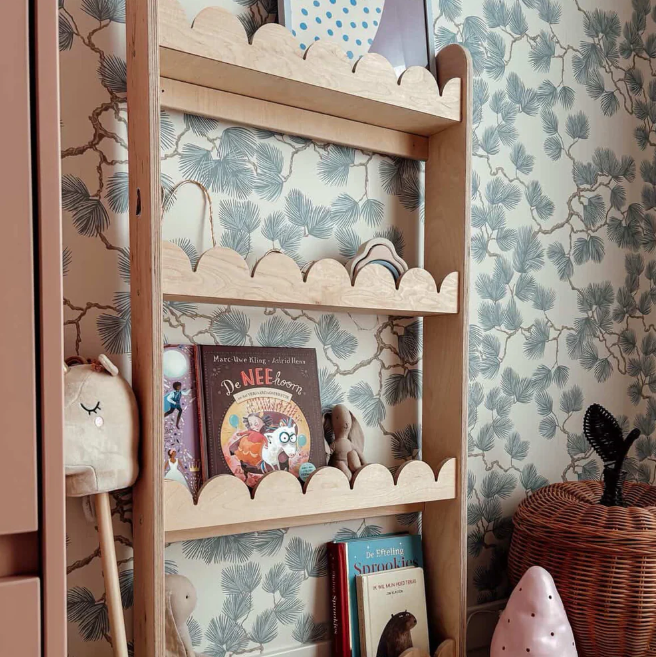 Bubble Bookshelf - 4 Tier Scalloped Shelf - Natural Timber