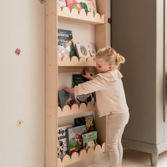 Bubble Bookshelf - 6 Tier Scalloped Shelf - Natural Timber