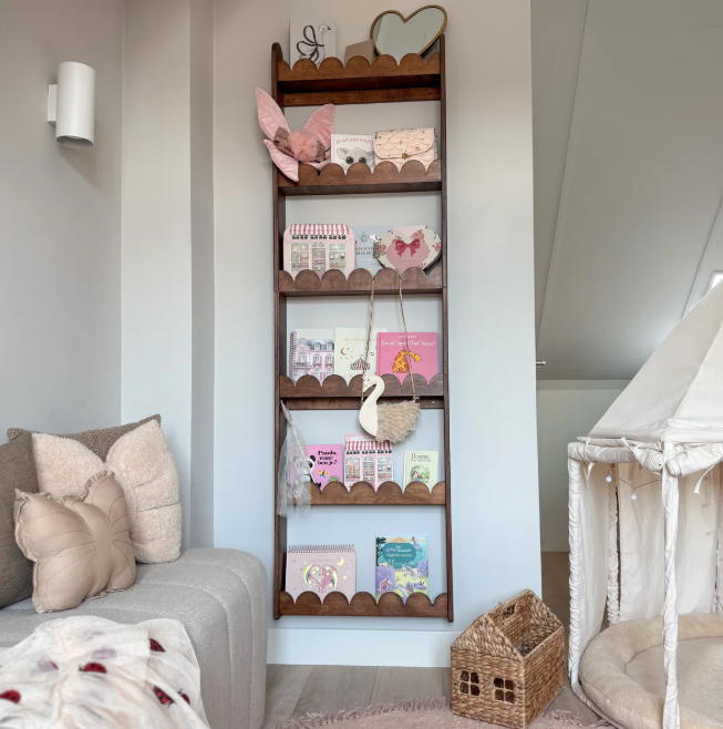 Bubble Bookshelf - 6 Tier Scalloped Shelf - Natural Timber