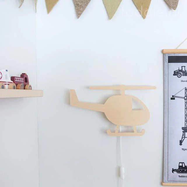 Helicopter- Wooden Children's Wall Lamp- Natural Timber